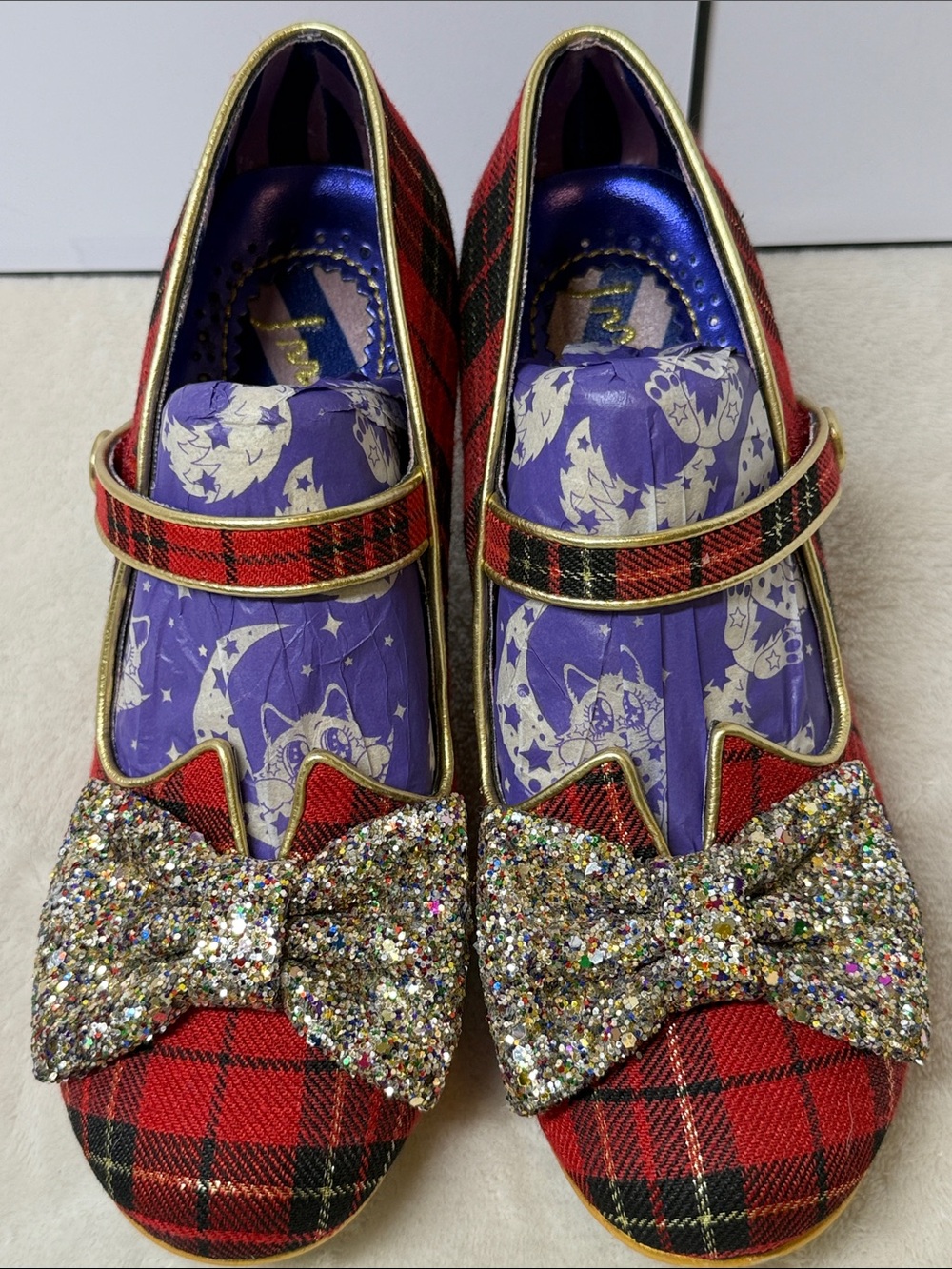 Irregular Choice "Piccolo" Red Tartan Mid Heels w/ Glitter Bows & Hilda Sole 9 - Picture 2 of 12